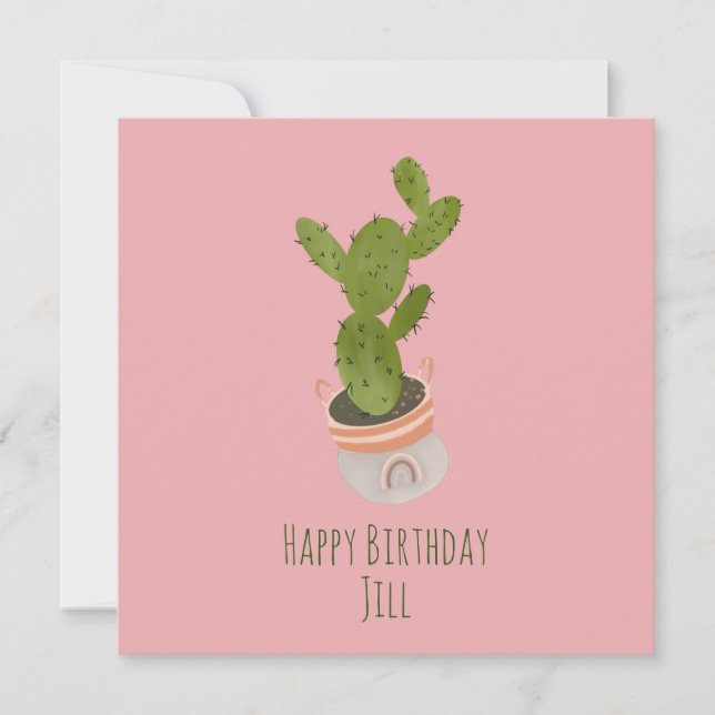 Tarjeta Cactus Plant Rainbow Basket Mano dibujada Cumpleañ (Anverso)