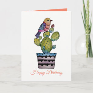 Tarjeta Cactus y pájaro arcoíris en acuarela