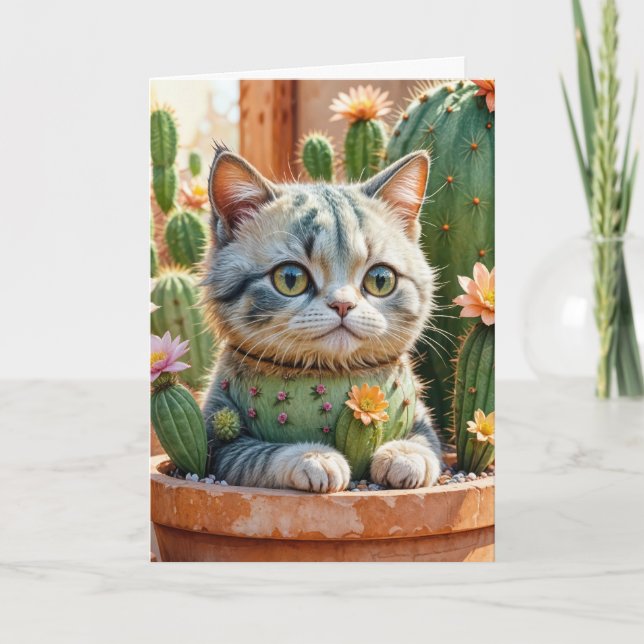 Tarjeta Cactus y Tabby Cat Birday (Anverso)