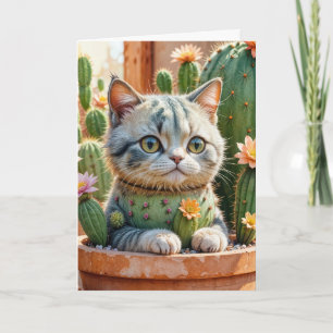 Tarjeta Cactus y Tabby Cat Birday