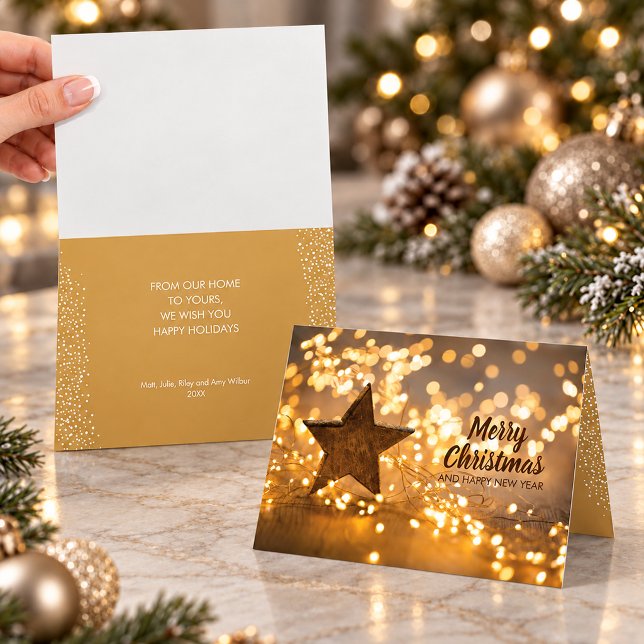 Tarjeta Cadena de Luces de Navidad Fiesta (Strands of Christmas lights and rustic Star folded holiday cards PRINTED and/or INSTANT DOWNLOAD)
