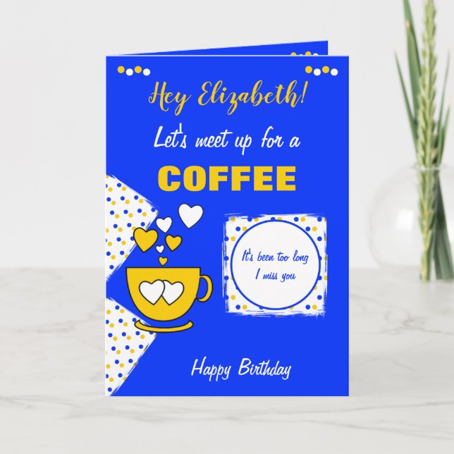 Tarjeta Café azul y amarillo y cumpleaños de amigos (Anverso)