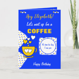Tarjeta Café azul y amarillo y cumpleaños de amigos