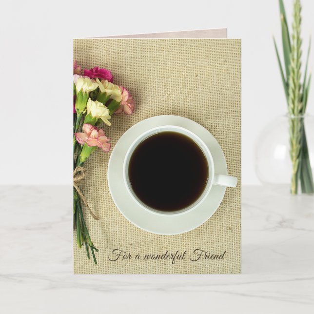 Tarjeta café con claveles en burlap (Anverso)