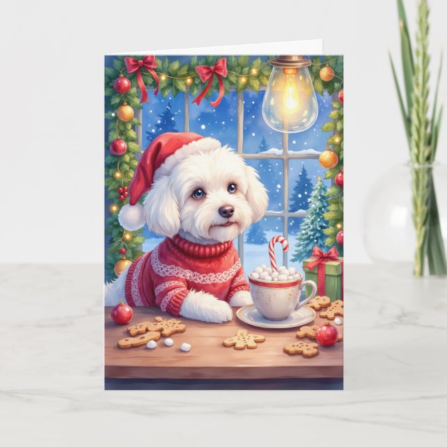 Tarjeta Café de Navidad con Chocolate Caliente Bichon Fris (Anverso)