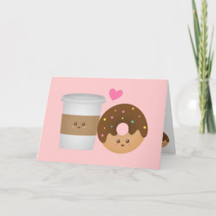 Tarjeta Café Kawaii y Donut enamorados, par perfecto