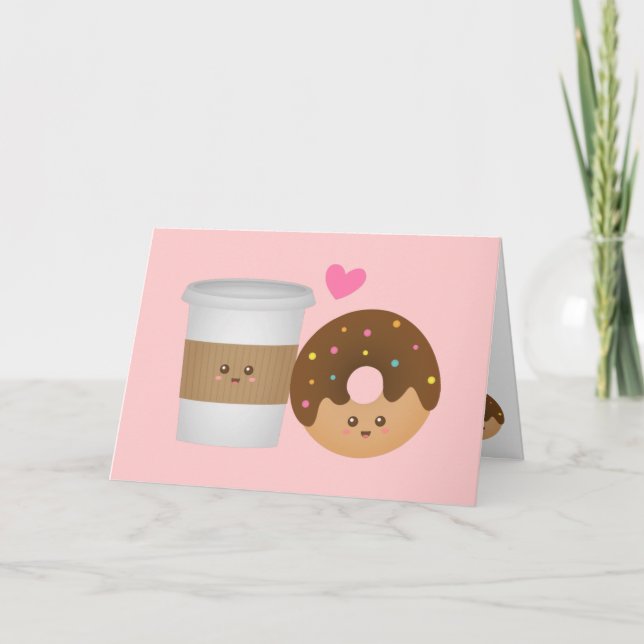 Tarjeta Café Kawaii y Donut enamorados, par perfecto (Anverso)