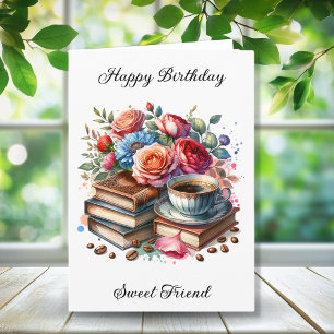 Tarjeta Café, libros y flores Cumpleaños personalizado