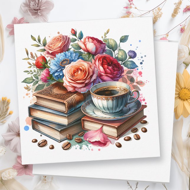 Tarjeta Café, libros y flores | Pensar en ti (Subido por el creador)