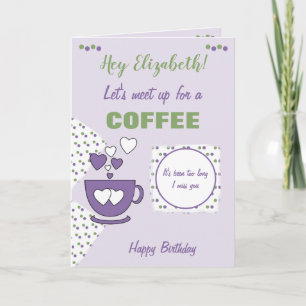 Tarjeta Café morado y verde y cumpleaños de amigos