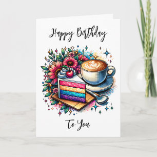 Tarjeta Café y pastel arcoiris Cumpleaños feliz