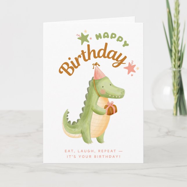 Tarjeta caimán con sombrero de pastel Feliz Cumpleaños Tar (Anverso)