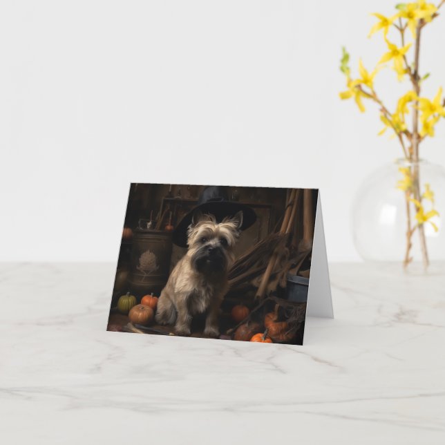 Tarjeta Cairn Terrier arroja calabazas de Halloween Scary (flor amarilla)