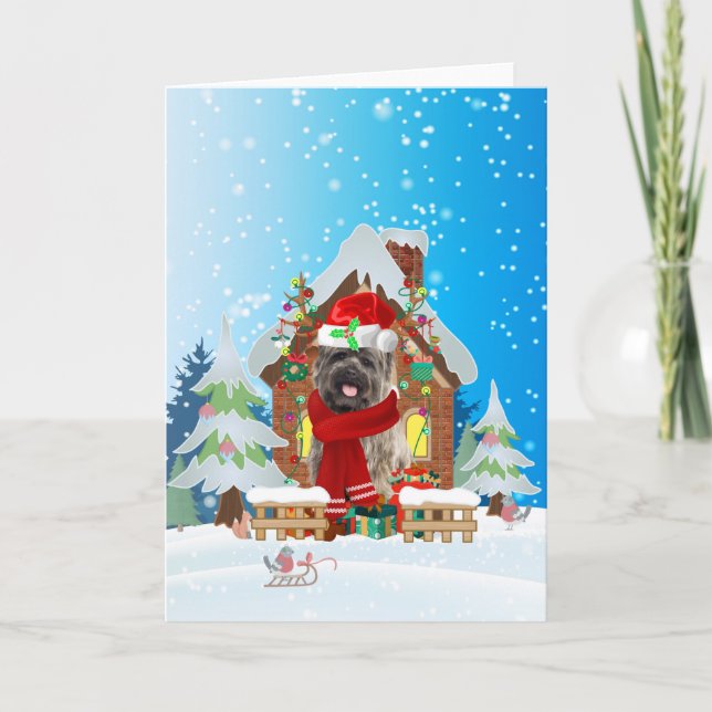 Tarjeta Cairn Terrier en la nieve con regalos de Navidades (Anverso)