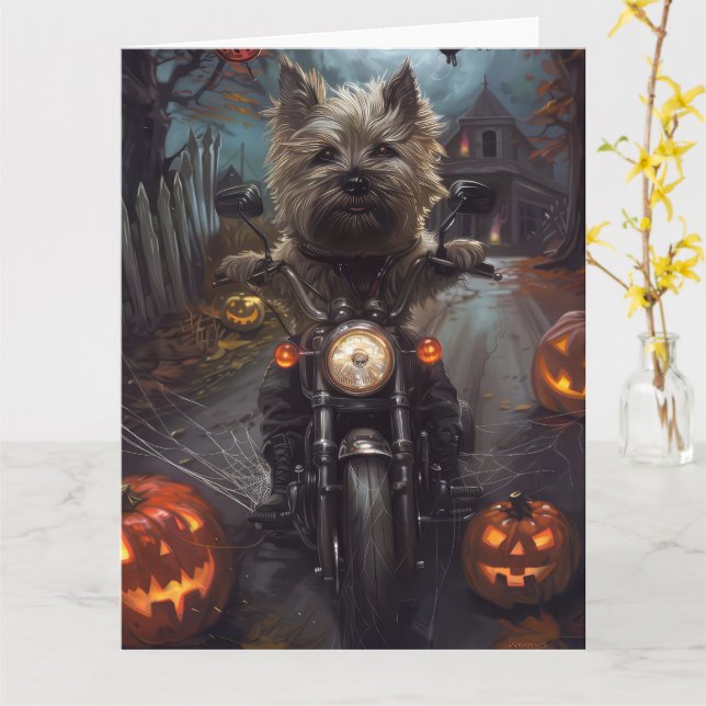 Tarjeta Cairn Terrier Motocicleta Halloween Da miedo (flor amarilla)