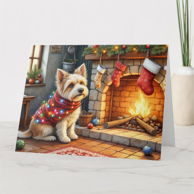 Tarjeta Cairn Terrier Sentado Luces de Navidad Chimenea (Anverso)