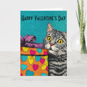 Tarjeta Caja de regalo de gato y corazón vintage día de Sa