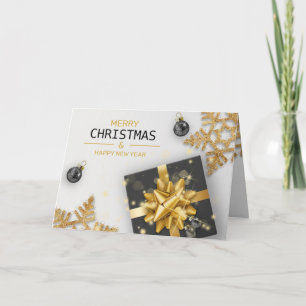 Tarjeta Caja de regalo negra bolas de Navidad copos de nie