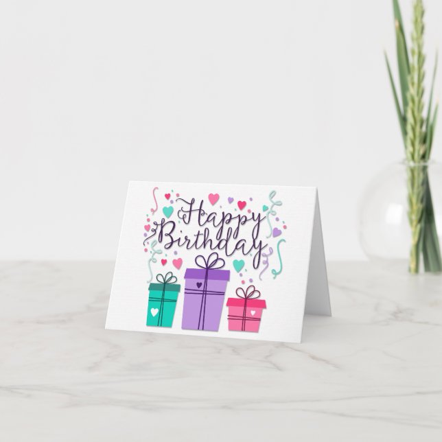 Tarjeta Cajas de regalo de cumpleaños felices en blanco (Anverso)