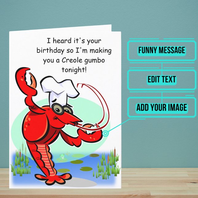 Tarjeta Cajun Creole Crawfish Gracioso Cumpleaños (This funny card is specifically for the Cajun or Creole friend or family member in your life.)