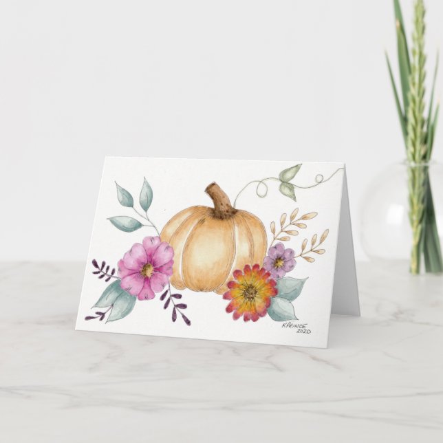 Tarjeta Calabaza acuarela y flores para otoño (Anverso)