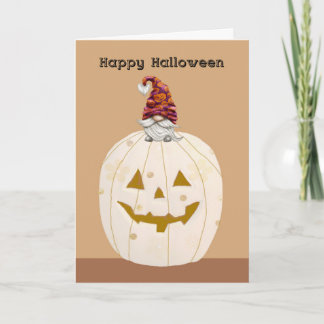 Tarjeta Calabaza beige de Halloween con gnomo