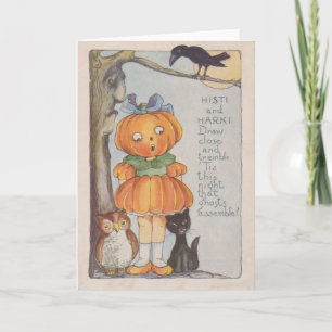Tarjeta Calabaza cabeza de calabaza cuervo gato negro búho