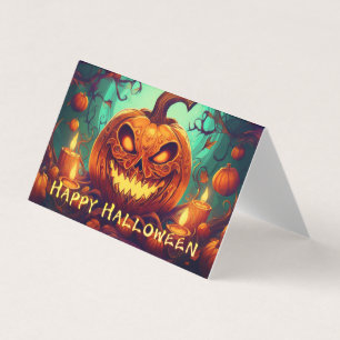 Tarjeta Calabaza con cara de miedo entre velas, Halloween
