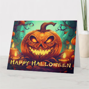 Tarjeta Calabaza con cara de miedo entre velas, Halloween