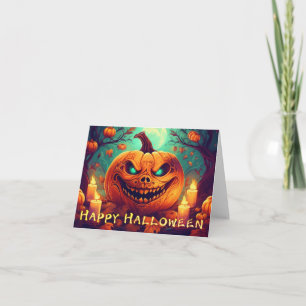 Tarjeta Calabaza con Cara de Terror entre Velas, Halloween