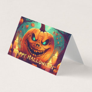 Tarjeta Calabaza con Cara de Terror entre Velas, Halloween
