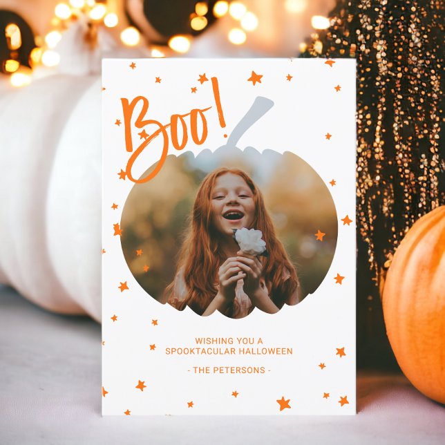 Tarjeta Calabaza cortada foto de naranja blanco de Hallowe (Pumpkin cut out boo Halloween white orange photo Card)