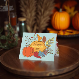 Tarjeta Calabaza de Acción de Gracias de Arte Popular Azul