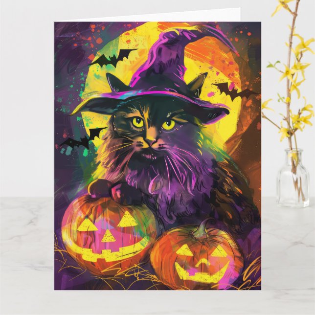 Tarjeta Calabaza de bruja de Gato Halloween angora turca e (flor amarilla)
