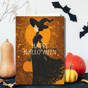 Tarjeta Calabaza de bruja gótica Halloween Foto Arte Nouve