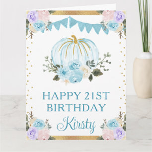 Tarjeta Calabaza de cumpleaños floral azul y blanco acuare