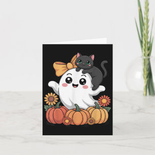 Tarjeta Calabaza de Fantasma y Gato Lindo Otoño Familiar C