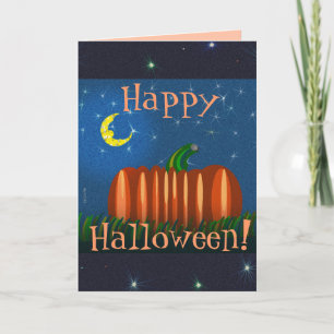 Tarjeta Calabaza De Halloween Bajo La Luna Y Las Estrellas