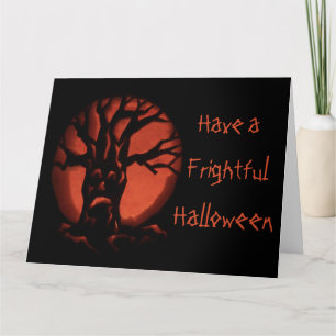 Tarjeta Calabaza de Halloween con árboles muertos brillant