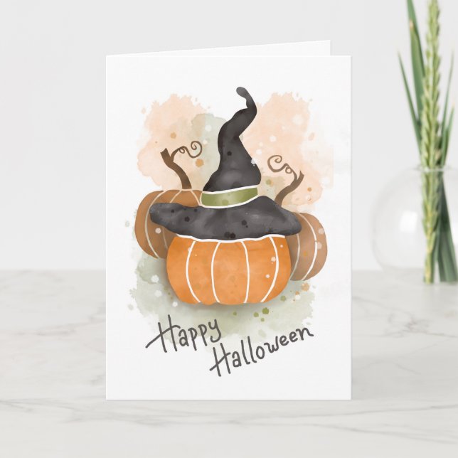 Tarjeta Calabaza de Halloween con Gorra de brujas (Anverso)