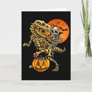 Tarjeta Calabaza de Halloween de dinosaurio esqueleto para