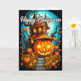 Tarjeta Calabaza de Halloween feliz y casa embrujada