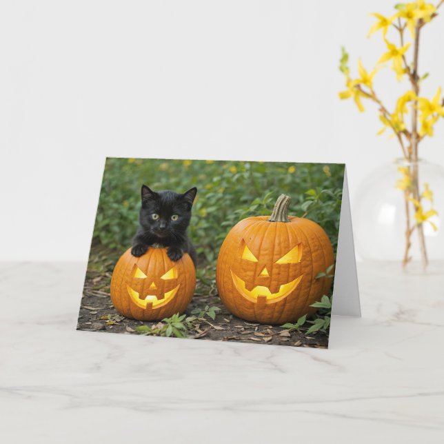 Tarjeta Calabaza de Halloween para Gato Negro lindo y dive (flor amarilla)
