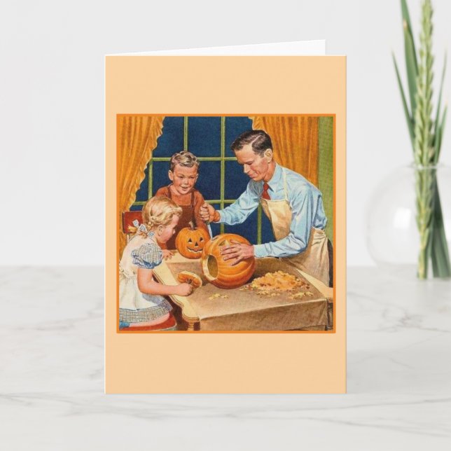 Tarjeta Calabaza de Halloween retro tallada con papá (Anverso)