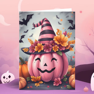 Tarjeta Calabaza de Halloween rosa bonita Jack-o-lantern