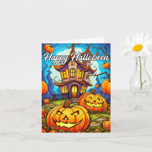Tarjeta Calabaza de Halloween y casa embrujada