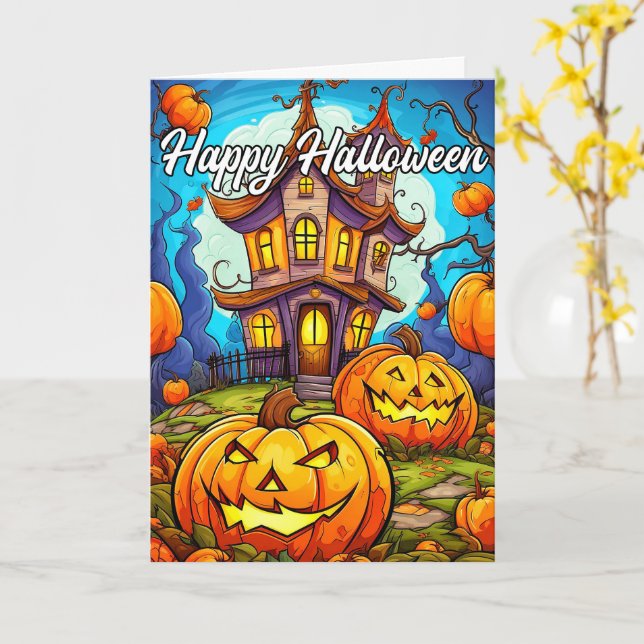 Tarjeta Calabaza de Halloween y casa embrujada (flor amarilla)