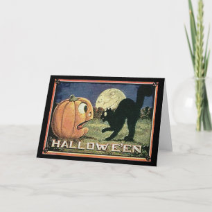 Tarjeta Calabaza de Halloween y gato vintage en mosaico