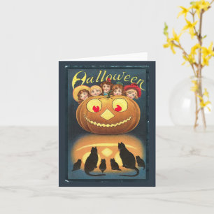 Tarjeta Calabaza de Halloween y Niñas Vintage