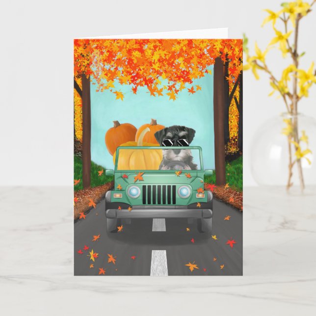 Tarjeta Calabaza de la caída del perro Schnauzer en miniat (flor amarilla)